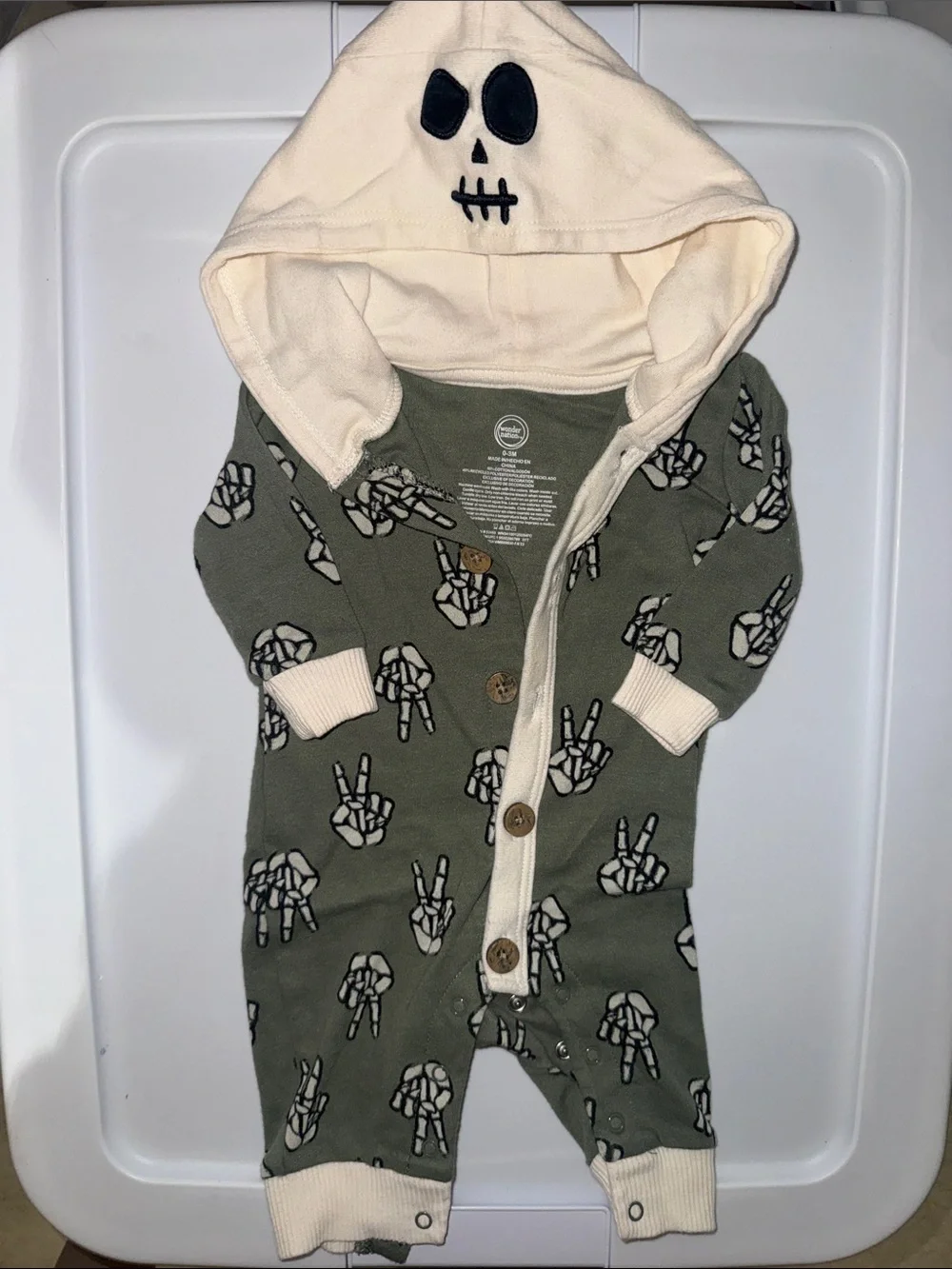 wonder nation Olive Green Skull Hooded One-Piece with Cream Trim
